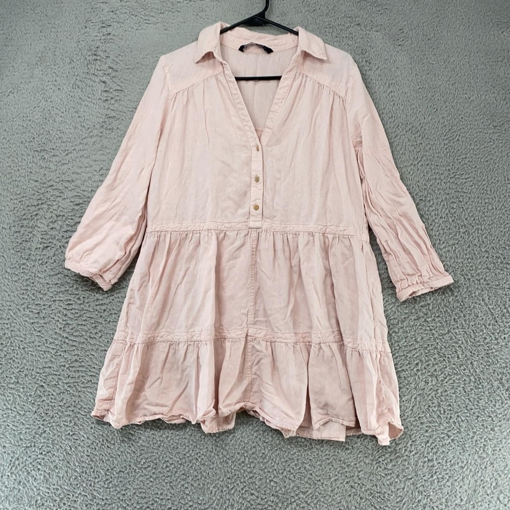Zara Linen Shirt Dress Womens Medium Pink Tiered Ruffle Hem Boho Trapeze
